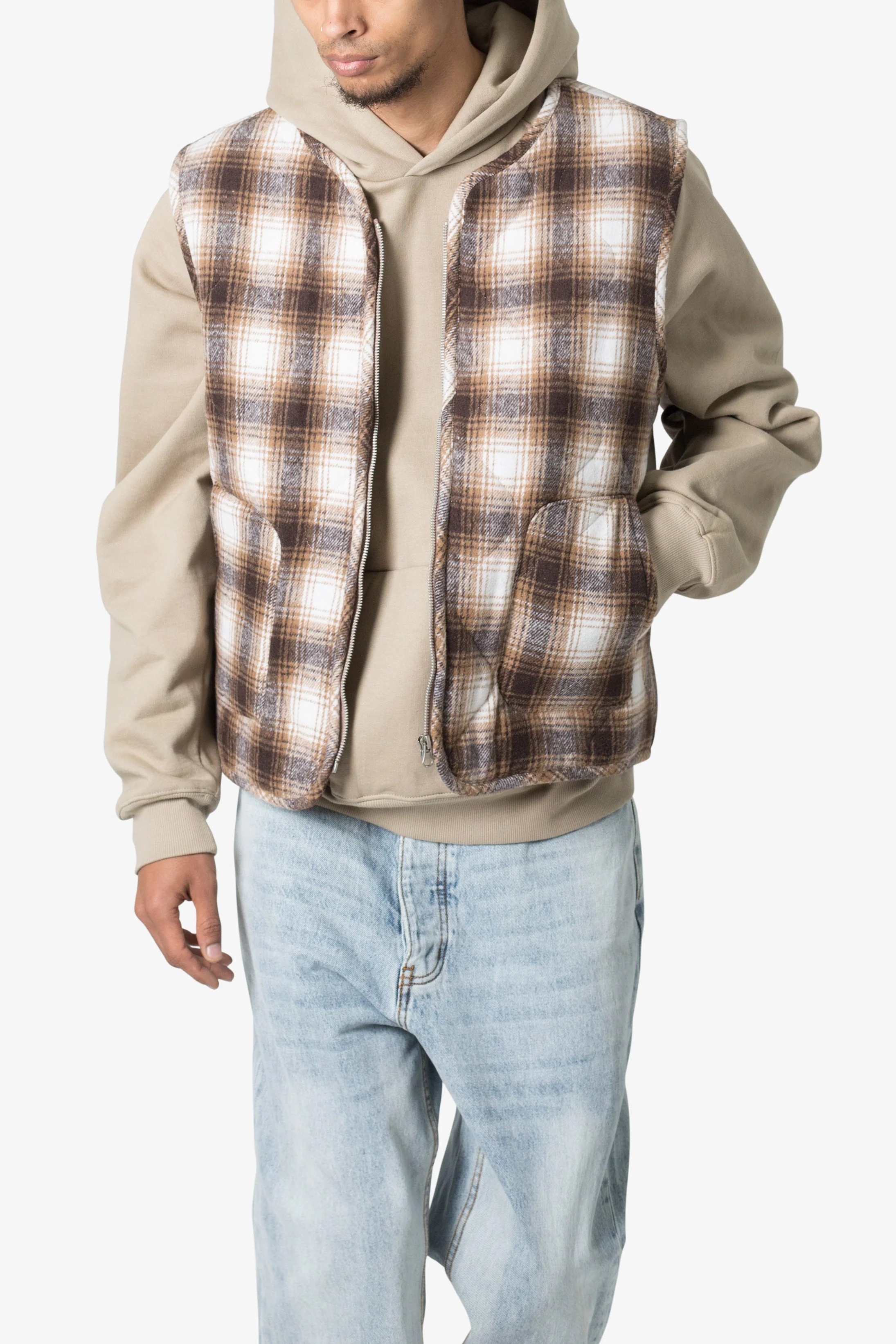 Brushed Plaid Vest - Brown/White