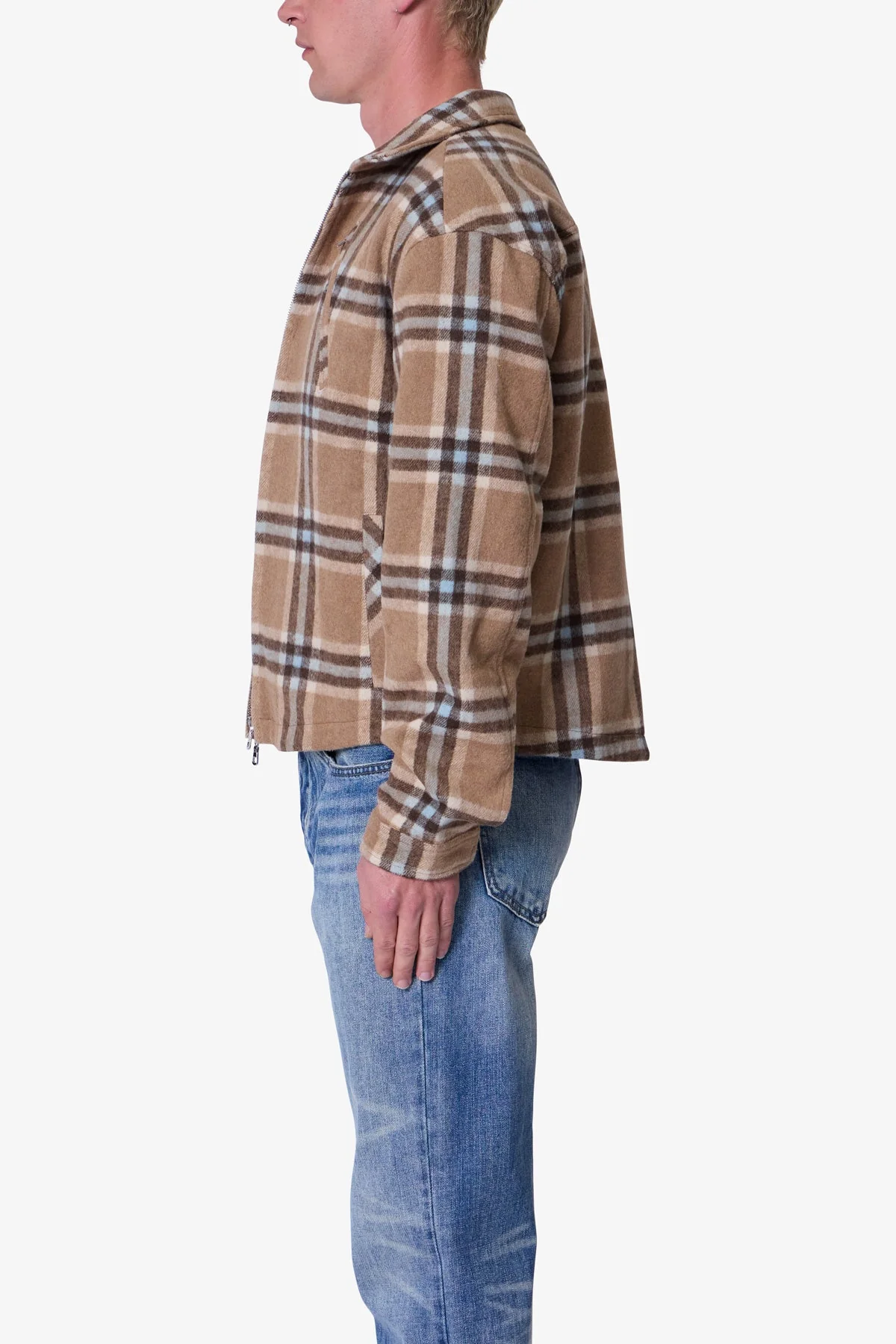 Plaid Flannel Front Zip Jacket - Brown/Cream