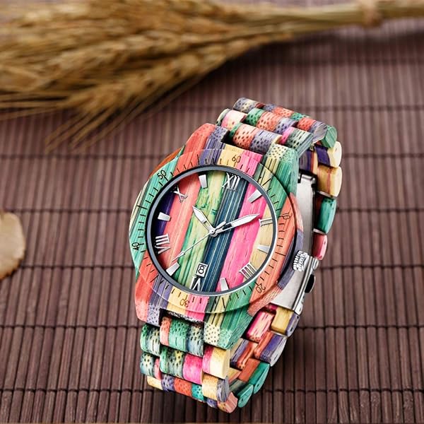 Wooden Watches Mens with Handmade Colorful Bamboo Wood Watch Analog Date Quartz Wooden Watch for Men Q1057