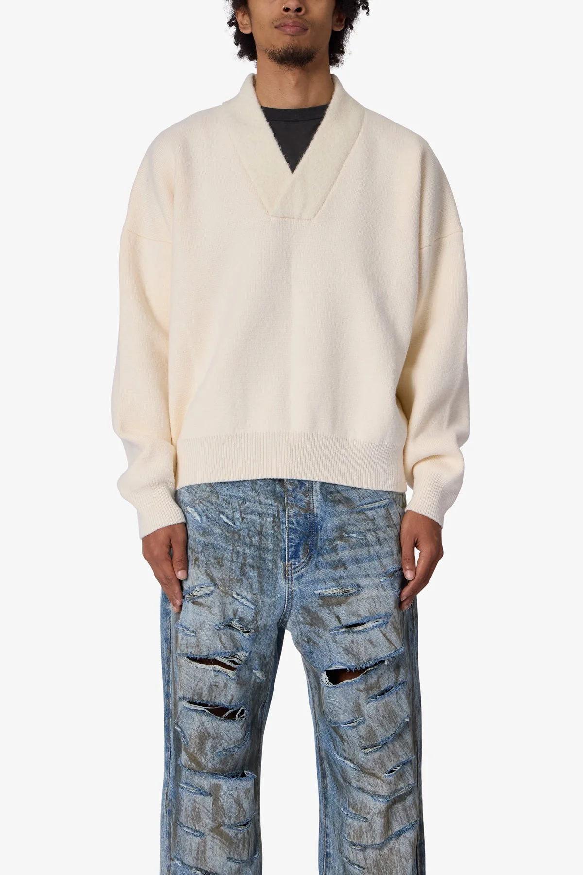 Crew V Neck Sweater - Cream