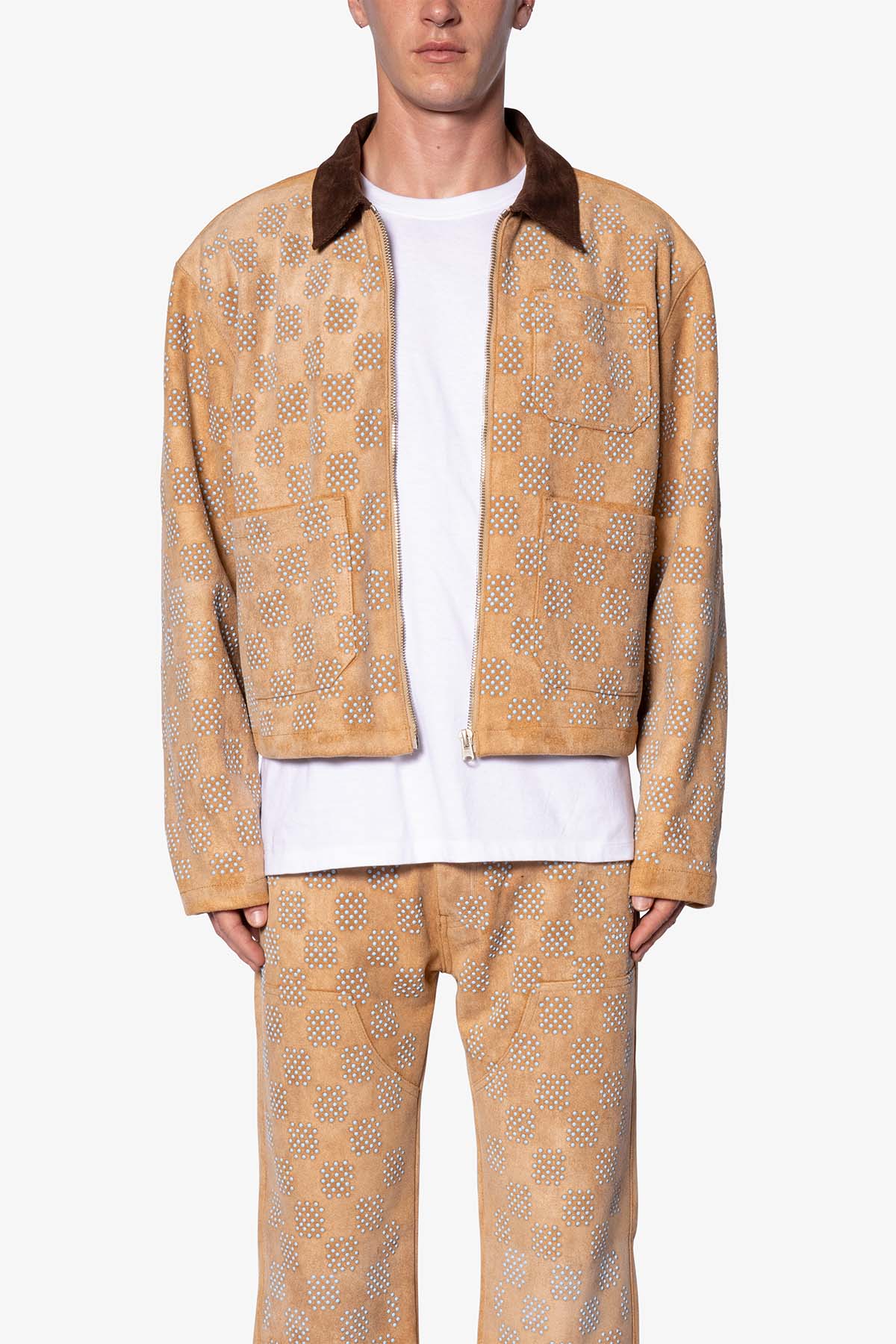 Turquoise Studded Checker Jacket - Tan