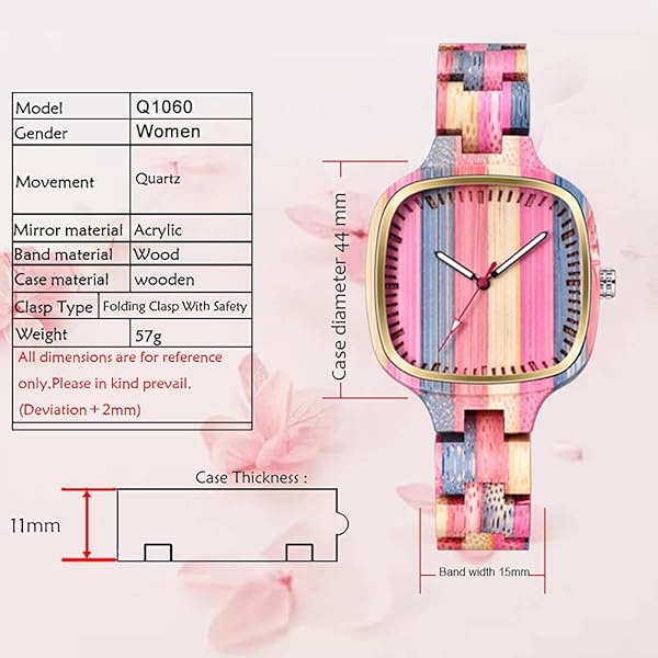 Womens Wooden Watch with All Wood Strap Analog Classic Design Colorful Bamboo Ladies Watches for Women, Couples Q1060
