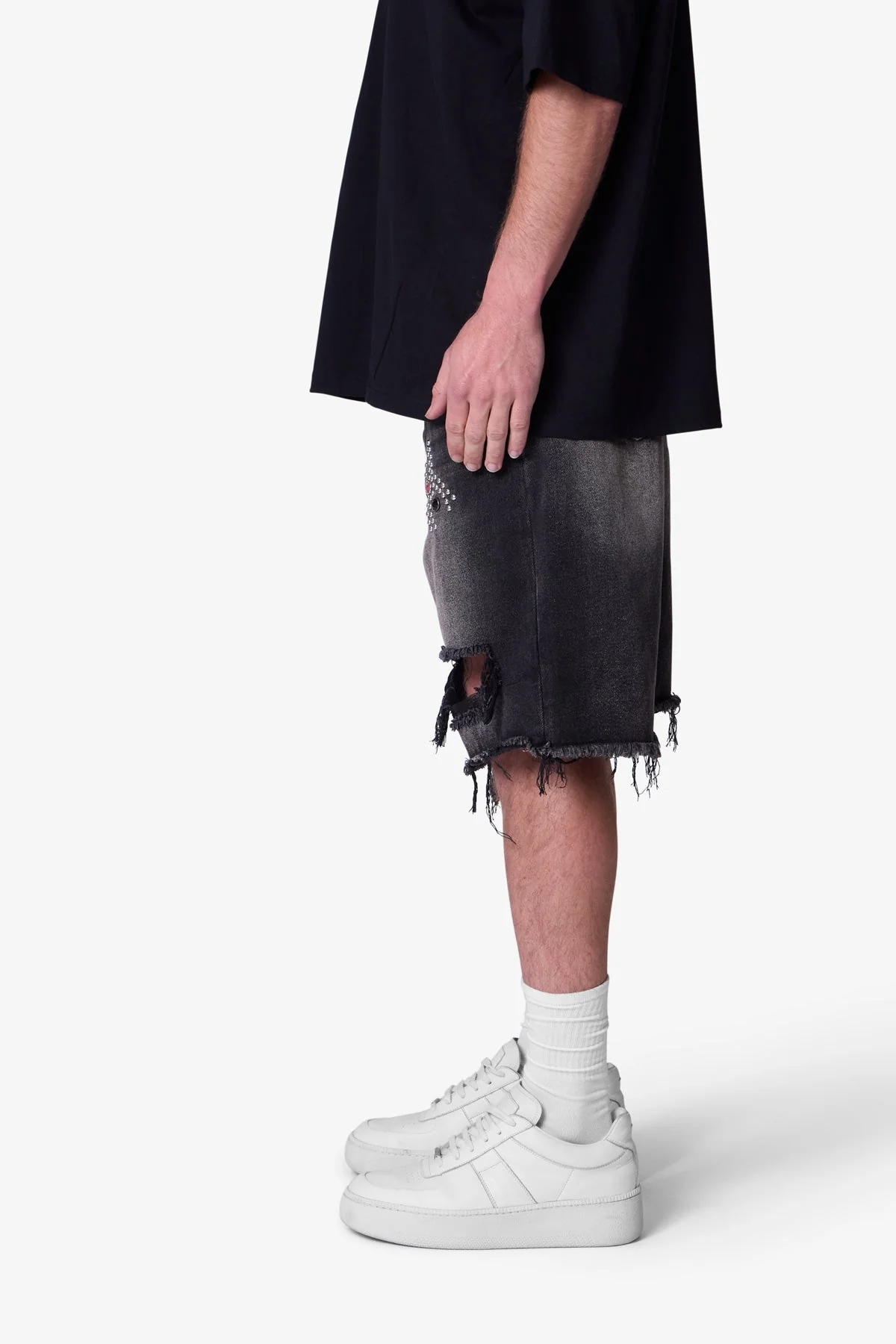 Distressed Spider Denim Shorts - Washed Black