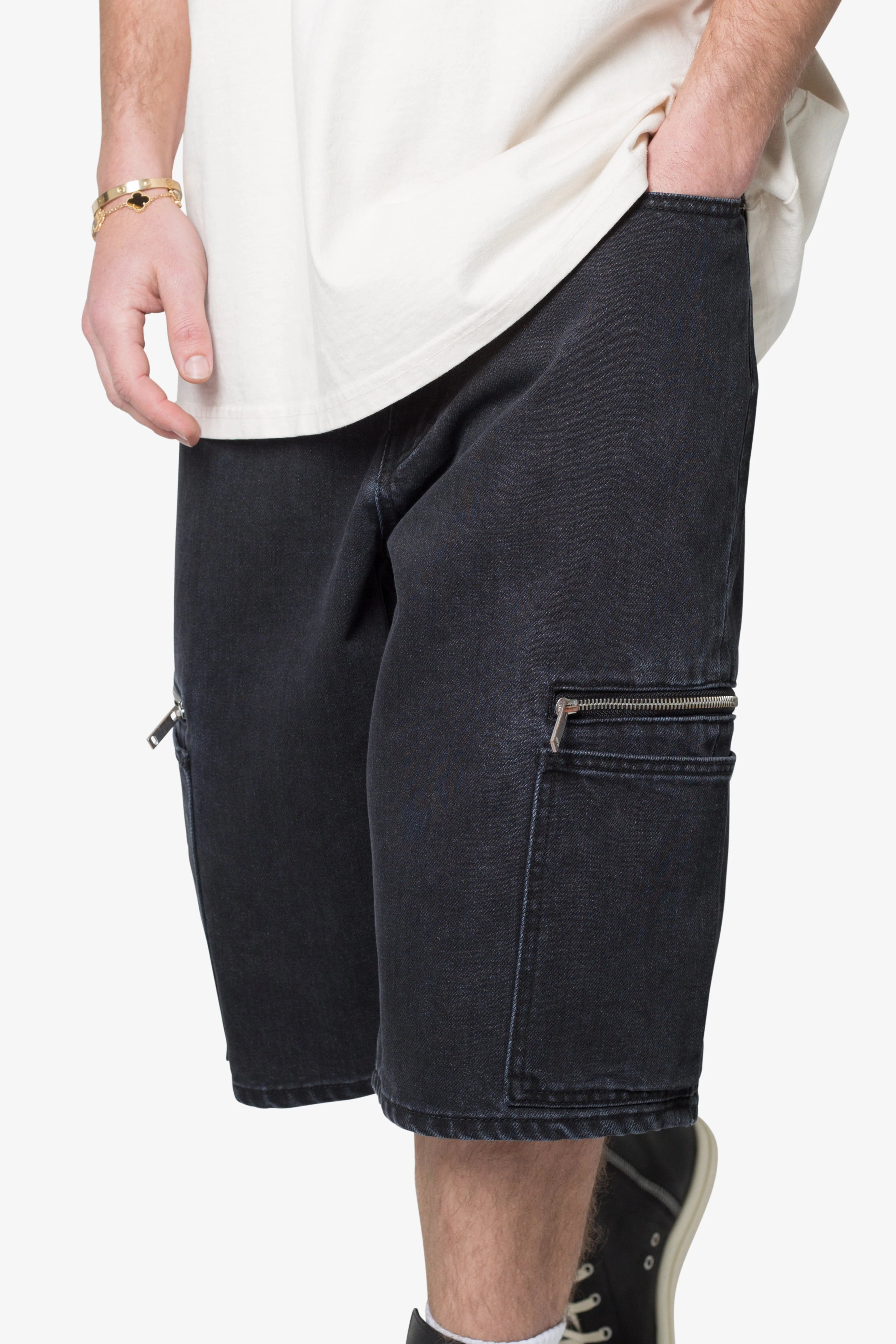 Zipper Baggy Denim Shorts - Black