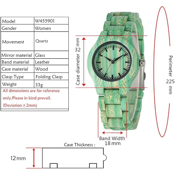 Womens Wooden Watch with All Wood Strap Analog Classic Design Colorful Bamboo Ladies Watches for Women, Couples Q1059-green