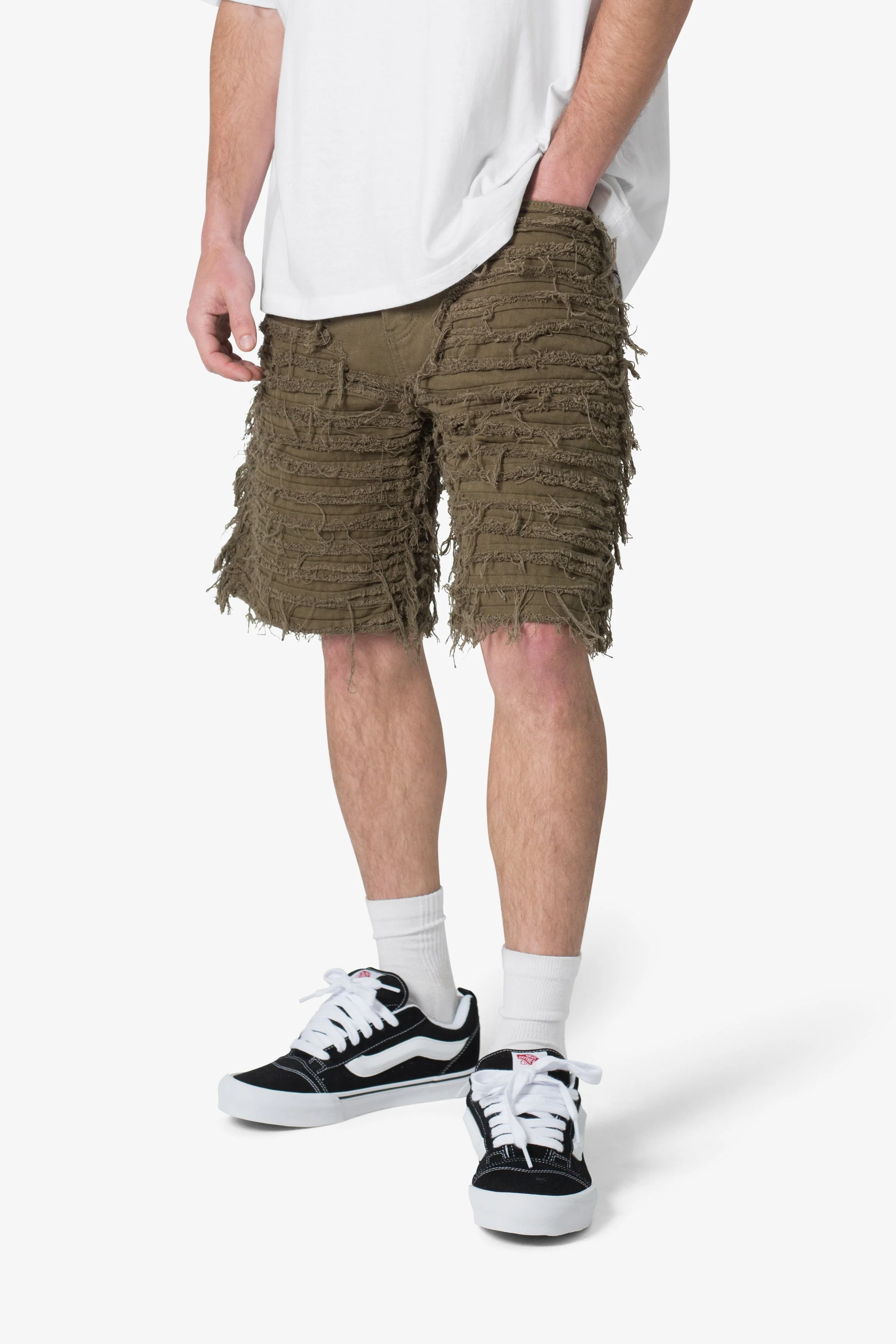 Allover Frayed Denim Shorts - Olive