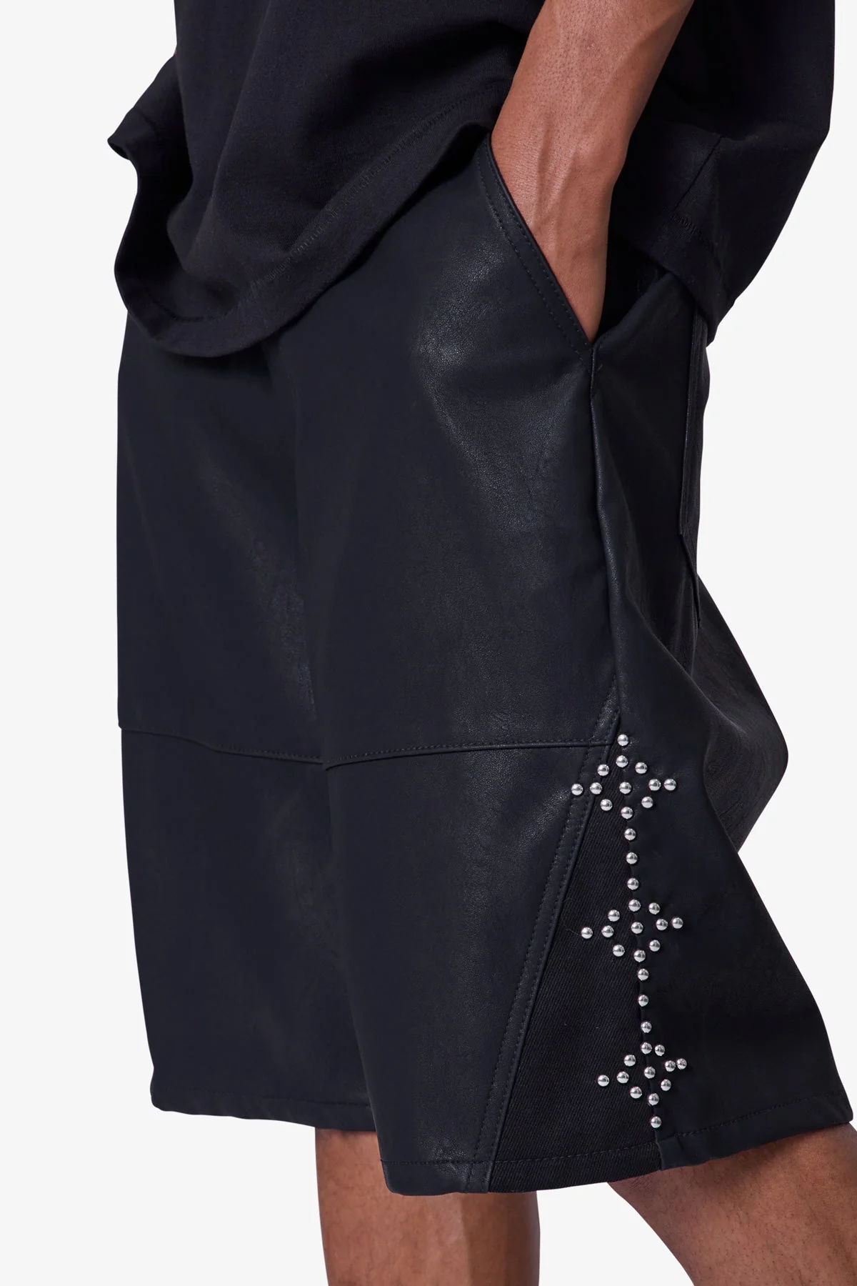 Ultra Baggy Leather Studded Shorts - Black