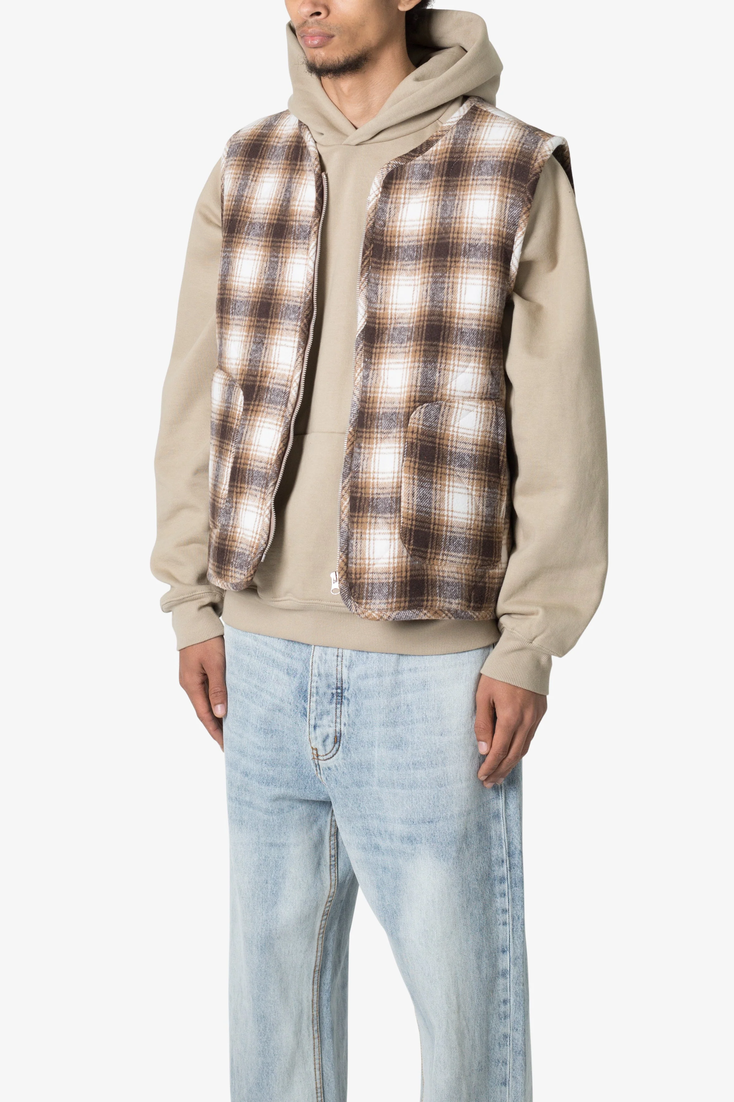 Brushed Plaid Vest - Brown/White