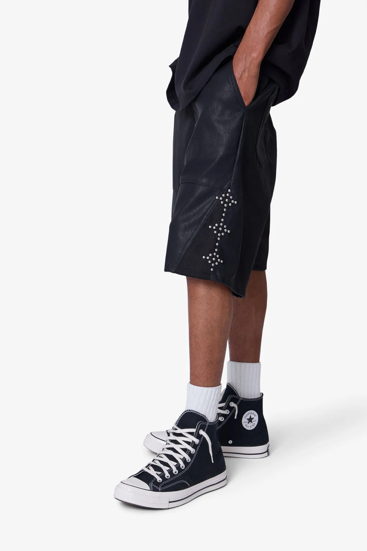 Ultra Baggy Leather Studded Shorts - Black