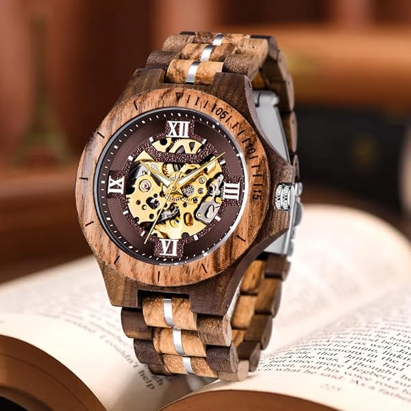 Men's Wooden Watch Triangle Skeleton Automatic Watch Mechanical Wood Watches for Men brown 2