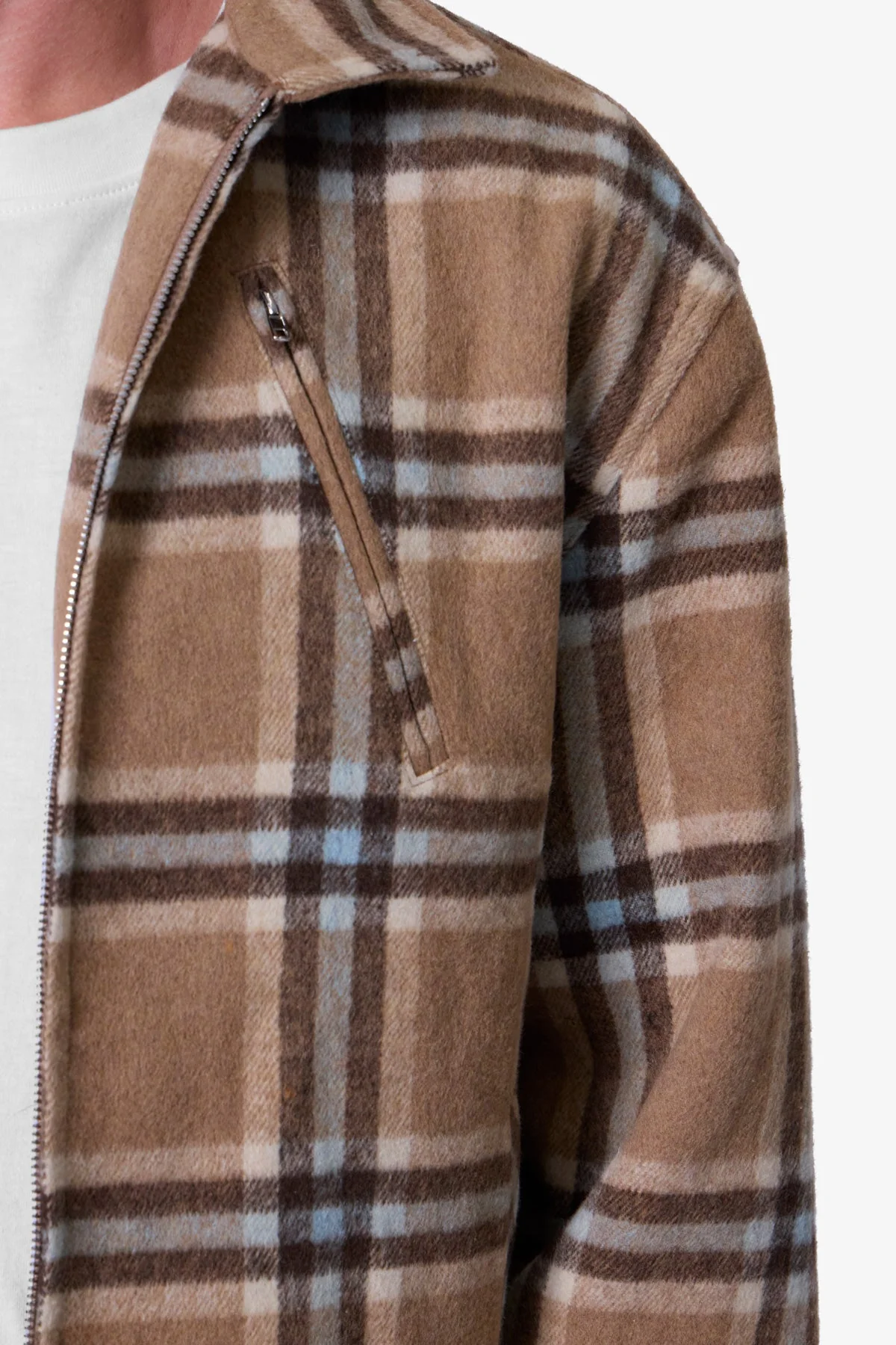 Plaid Flannel Front Zip Jacket - Brown/Cream