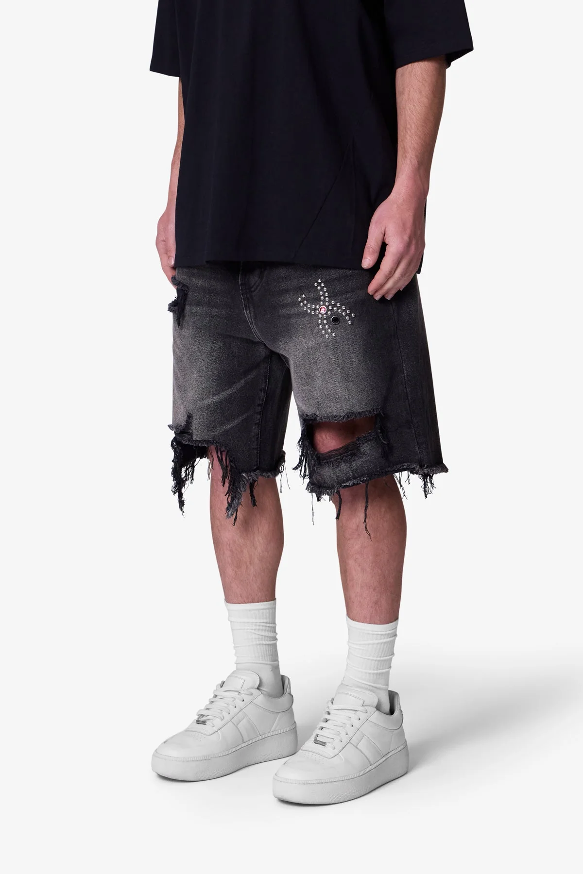 Distressed Spider Denim Shorts - Washed Black