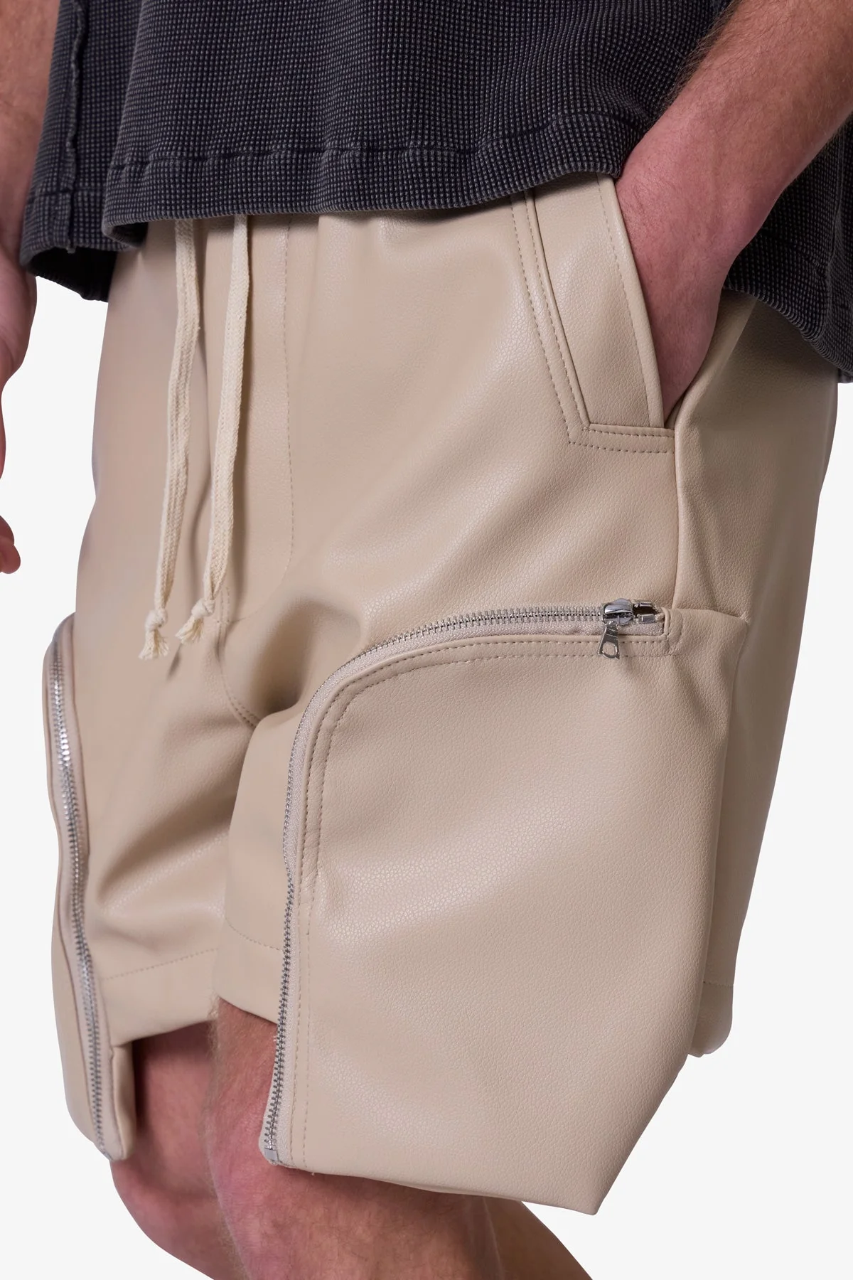 Leather Pocket Geo Shorts - Tan