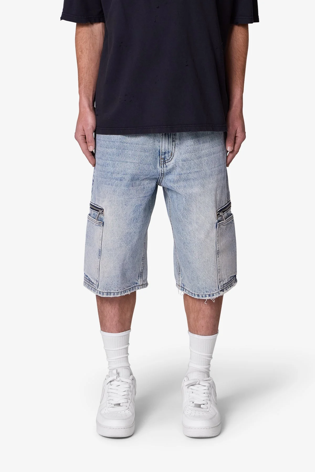 Zipper Teeth Denim Shorts - Light Blue