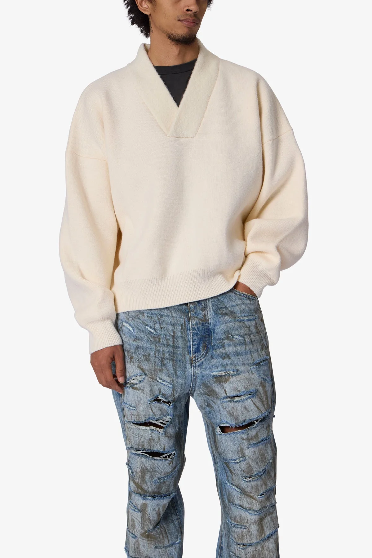 Crew V Neck Sweater - Cream