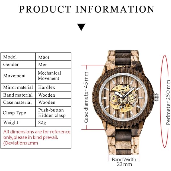 No Battery Fashion Mechanical Wooden Watch for Men, Mechanical Movement Wooden Strap Men's Watch for Father's Day, Birthday M801