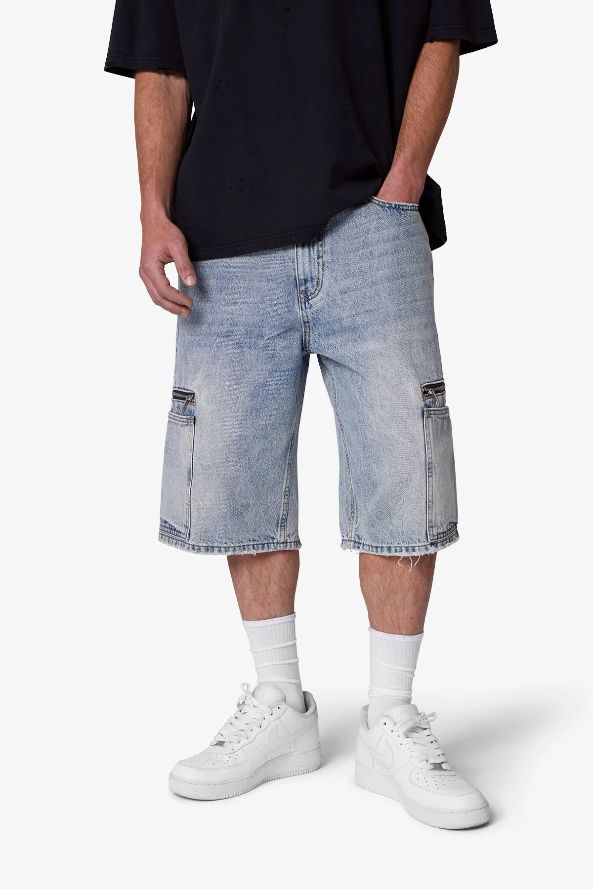 Zipper Teeth Denim Shorts - Light Blue