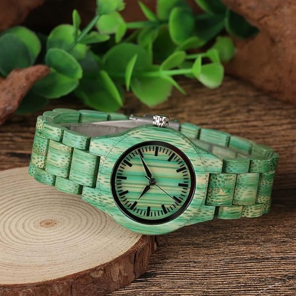 Womens Wooden Watch with All Wood Strap Analog Classic Design Colorful Bamboo Ladies Watches for Women, Couples Q1059-green