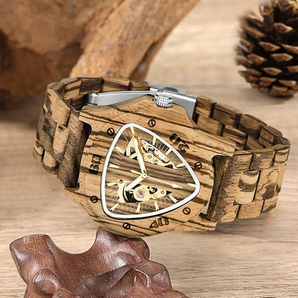 Men's Wooden Watch Triangle Skeleton Automatic Watch Mechanical Wood Watches for Men Tan