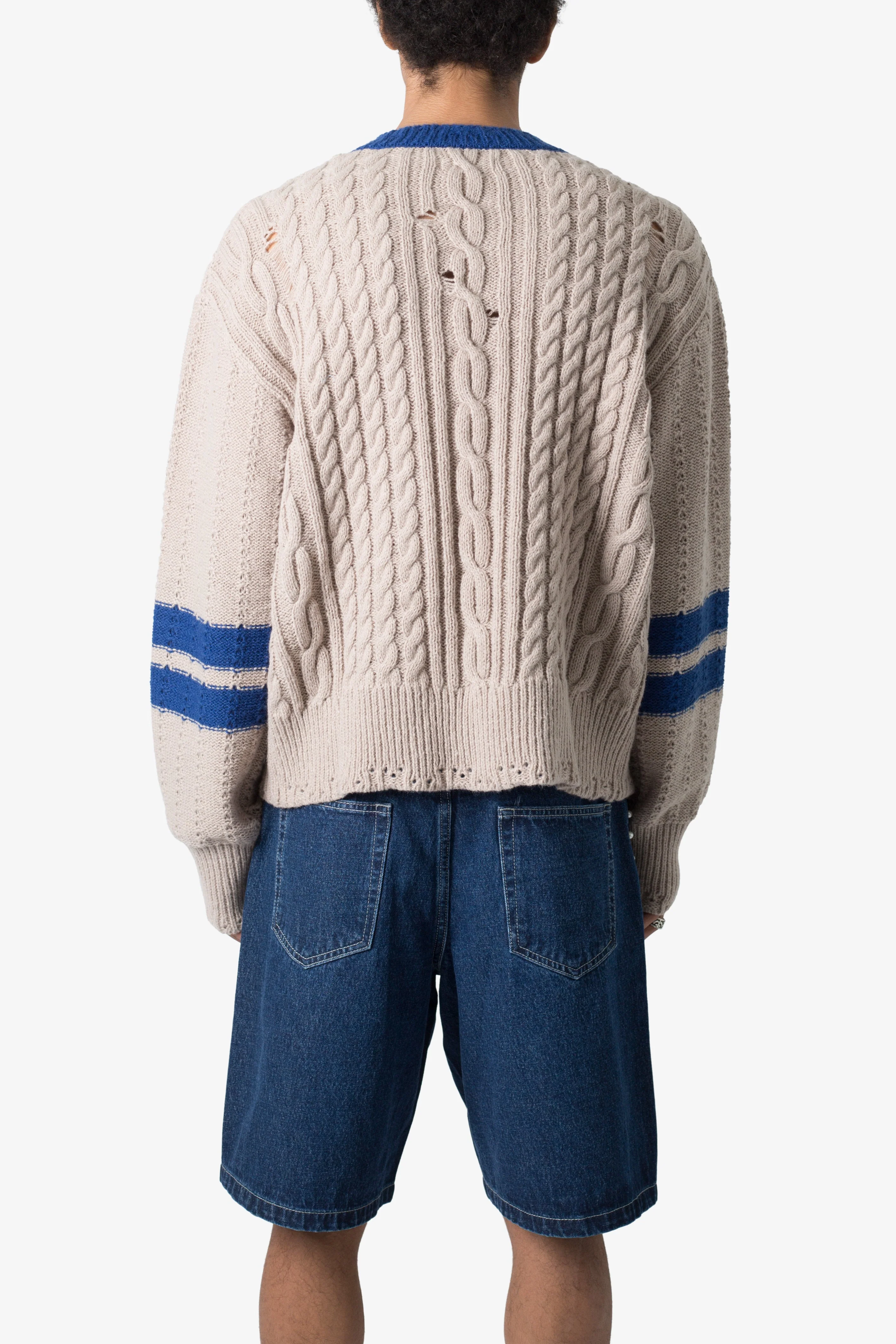 Varsity V Neck Sweater - Off White/Blue
