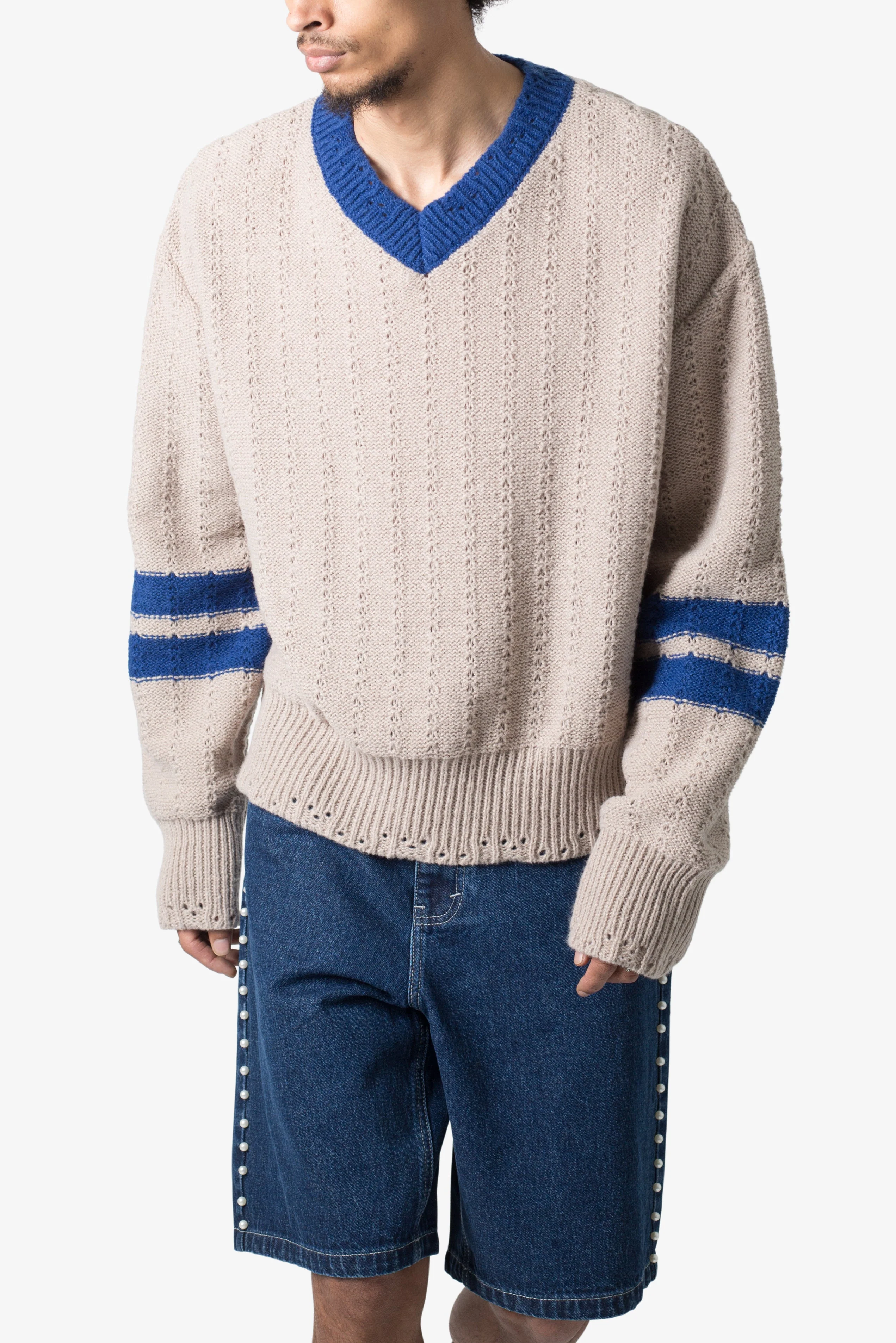Varsity V Neck Sweater - Off White/Blue