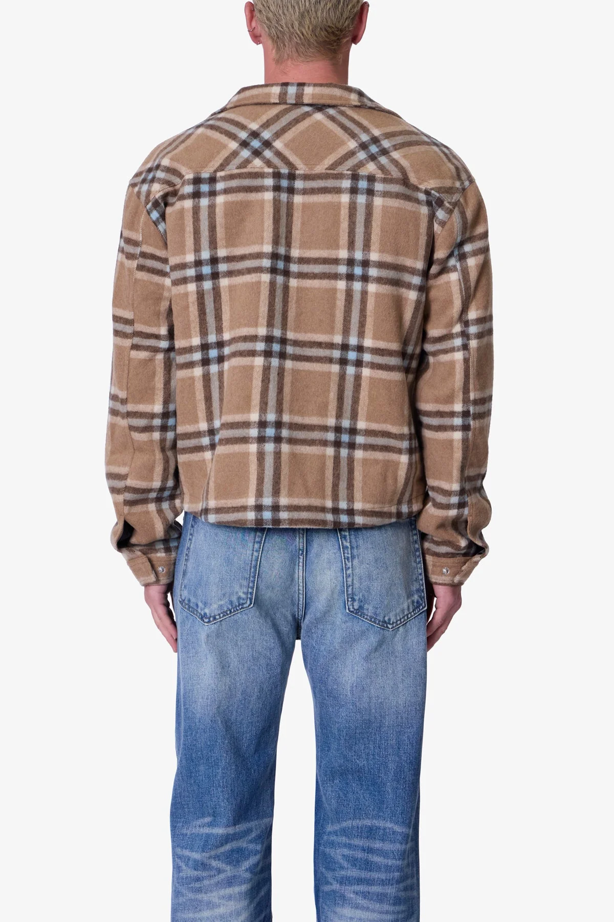 Plaid Flannel Front Zip Jacket - Brown/Cream